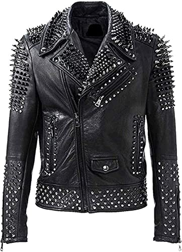 Herren-Jacke, Rock-Punk, einzigartige Nieten, Motorradjacke, echtes Leder, Schwarz. Lederjacke mit Nieten