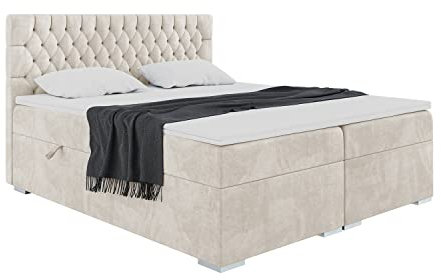 MEBLINI Boxspringbett mit Bettkasten - Gepolstert Doppelbett mit Matratze und Topper - Polsterbett mit Stauraum - Bett mit Kopfteil - Stauraumbett - Dalia - 160x200 - H3/Creme Samt