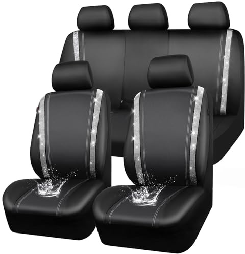 CAR PASS Wasserdicht Leder Autositzbezüge, Bling Diamant Komplettset Sitzbezug, Glänzend Kristall Glitzernd, Universal für 95% Aller Automobile LKW SUV, Frauen Männer(Komplettset, Silber)