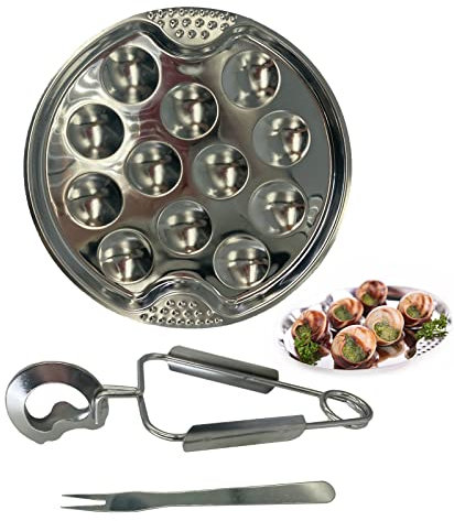 YJFY 3 Stücke Schneckenteller Meeresfrüchte Werkzeug Set Schneckenpfanne Speisenteller mit Zange Gabel mit 12 Löchern Escargot Teller Teller Edelstahl Schneckenzange für Zuhause Restaurant Hotel Grill