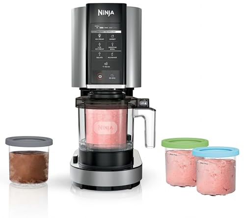Ninja CREAMi | Ice Cream Maker Bundle | Includes (4)16 oz. Tubs for Gelato, Mix-ins, Milkshakes, Sorbet, Smoothie Bowls & More| 7 One-Touch Programs| Compact Size| Perfect for Kids | Silver
