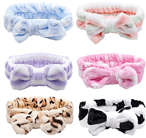 6 Stück Spa Bowknot Haarbänder Mädchen Spa Haarband Kosmetik, Coral Fleece Makeup Haarbänder Elastic, Cosmetic Bow Stirnband zum Waschen Spa Yoga Sport Beauty Gesichtspflege für Damen Hair Protection