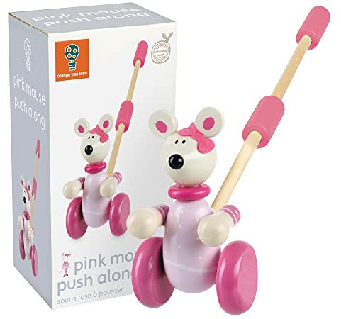 Pink Mouse Push Along Toy - Animal Push and Pull Along Toys for 1 Year Olds, Wooden Toys - Toddler Toys, Perfect 1st Birthday Gifts For Boy Girl - Early Development & Activity Toys by Orange Tree Toys