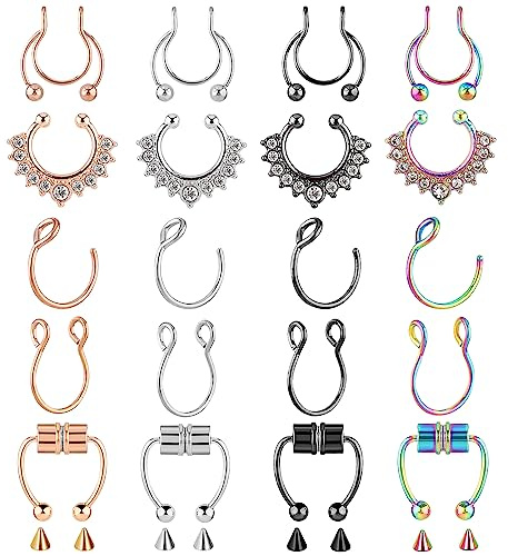 Yolev 20 Piezas Piercing Septum Falso Anillo de Nariz Falsa de 16 Gramos para Mujer Anillo de Nariz Falso Sin Perforación Anillo de Herradura para Nariz anillo de Diafragma de Oro Negro Plateado