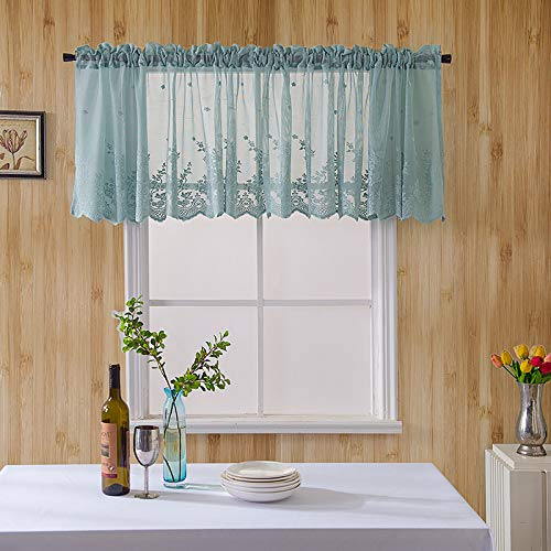 Colexy Visillo Cortina Corta para Ventana, Cortina Cocina Rústico con Encaje Flores, Cortina de Ventana de Casa de Campo,Cortina de Voile para Salón, Dormitorio, Puerta Decoración (130 x 41cm (Verde)
