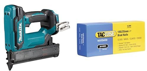 Makita DFN350Z Akku-Stauchkopfnagler 18V (ohne Akku, ohne Ladegerät) & TACWISE 0396 Stauchkopfnägel Brad Typ 18G / 25 mm, verzinkt, Silberfarbig, 5000 Stück
