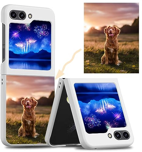 CAXKJE Black Personalised Photo Phone Case for Samsung Galaxy Z Flip 5 (6.70 inch),Design Your Own Photo Image,Text Phone Case,PC Bumper Slim Cover Case,Personalised Case - White