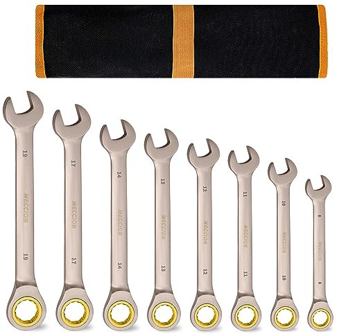 Meccion 8Pcs Fixed Head Ratchet Spanner Set 8mm-19mm Professional Chrome Vanadium Steel Forged Combination Wrench - Black Nickle Plated