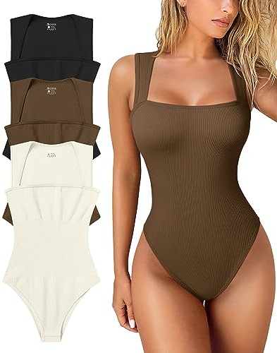 OQQ Women's 3 Piece Bodysuits Sexy Ribbed Strappy Square Neck Sleeveless Tummy Control Tank Tops Bodysuits Black Coffee Beige