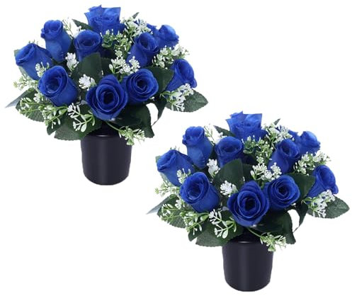 Caliko Set of 2 Grave Flower Pots with Improved Design | Artificial Flowers for Graves in Pots | 12-Head Blue Artificial Flowers | Perfect for Cemetery Decor, Christmas Tributes & Memorial Elegance.