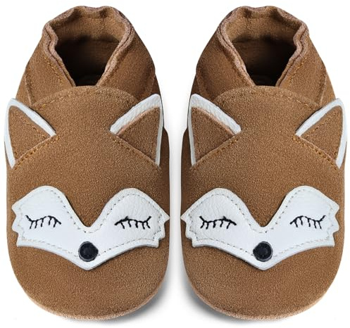 IceUnicorn Chausson Cuir Bébé Premiers Pas Garçon Fille Antidérapant Souple (Renard Châtaigne, 12-18 Mois)