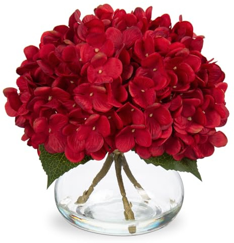 Hollyone Hydrangea Artificial Flowers in Vase Red Silk Fall Fake Flowers Arrangements with Glass Vase with Faux Water Faux Floral Bulk Bouquet for Office Table Centerpiece Shelf Home Decorations