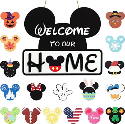 SUPYFD 19Pcs Cute Mouse Interchangeable Seasonal Welcome Door Sign for Front Door Decor, Welcome to Our Home Sign with Interchangeable Holiday Pieces for Farmhouse/Wall/Porch Decor and Housewarming