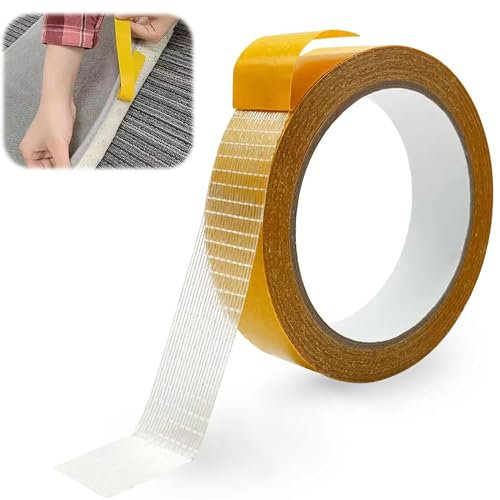 EXIN DECHEN Nastro biadesivo per tappeti, 10 m x 25 mm, nastro biadesivo extra forte, tessuto trasparente, doppio nastro adesivo multifunzione, per foto, parete, cucina, casa, scuola