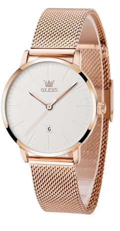 OLEVS Roségold Damenuhr Edelstahl, Lässig Klein Armbanduhr Damen Wasserdicht, Moderne Analog Uhr Damen mit Mesh Armband, Ultradünne Damen Uhr mit Diamant Herz