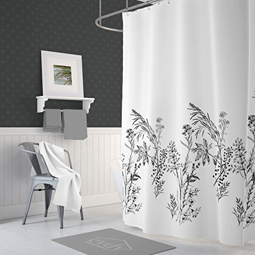 Ekershop Duschvorhang aus Stoff Heide Weiß Schwarz Textil in der Größe 240 cm Breit x 200 cm Hoch inkl. Ringe