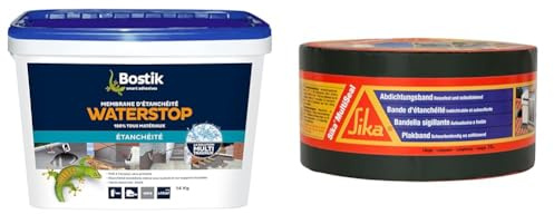 Bostik Membrane d'Étanchéité Waterstop – Jointe, Colle, Rebouche – Réparation de Fuites & SIKA Bande d'étanchéité autocollante résistante à la déchirure, Aluminium, Gris, 75 mm x 10 m