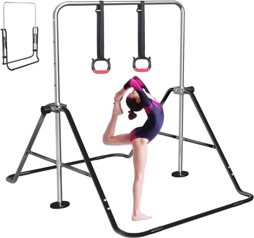 FBSPORT Barre de Gymnastique Enfant Pliable avec Hauteur Réglable Et Anneaux, Barre de Gym Intérieur Exterieur pour Junior Enfants à Domicile