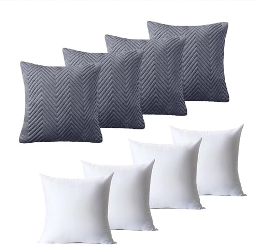 BedLooms Cushions with Covers Included 45 x 45 cm Set of 8 (4 Grey Cushion Covers, 4 Cushion Inserts) Ultrasonic Square Throw Pillow Cases Decorative Sofa Cushion with Invisible Zipper
