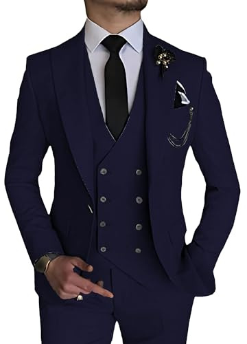 Abito elegante 3 pezzi per Uomo Completo da Ballo di Matrimonio a Doppio Petto 1 Bottone Giacca Gilet Pantaloni Completo Formale, Blu marino, M