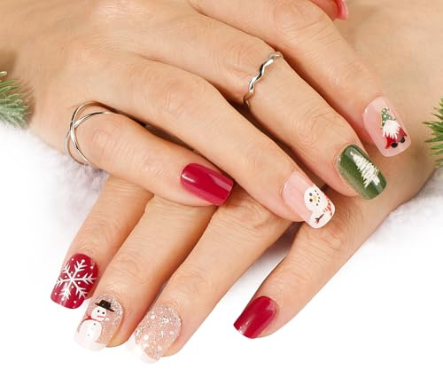 BOOMTOP 72Stk. Künstliche Nägel Kurz Weihnachten Nägel zum Aufkleben Rot Grün Glitzer Kunstnägel Weihnachtsmann Schneemann Quadratisch Fingernägel zum Kleben Christmas Press On Nails Art Tipps