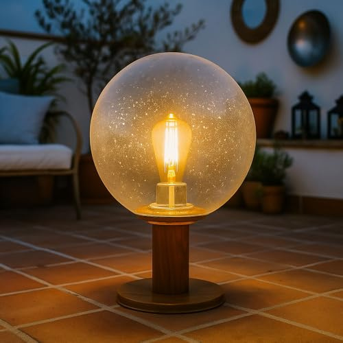Garten Außenbeleuchtung Sockelleuchte Außen E27 Außenlampe Stehlampe, Alu Holzoptik Glaskugel, Blasen-Optik, 1x E27 Fassung, DxH 25x38 cm