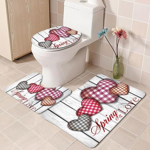 Bad Teppiche Set Grey Pink Heart Badezimmerteppich Waschbar WC Vorleger mit Ausschnitt und WC Deckelbezug 3 Teilig Badematte rutschfest Toilettensitzbezug Badgarnitur 45x75 cm