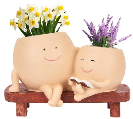 Smiley Face Planter Pot Cute Resin Flower Head Planters, Flower Head Planters for Indoor Outdoor Plants Unique Sit Swing Succulent Pot with Drainage Hole Gift for Mother's Day Appreciation