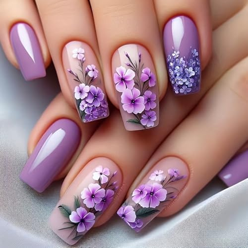Flower Press on Nails Medium Length Fake Nails Purple Acrylic Nails Glossy Full Cover Spring False Nails Coffin Stick on Nails with designs Artificial Nails Gel Glue on Nails for Women Girls 24pcs