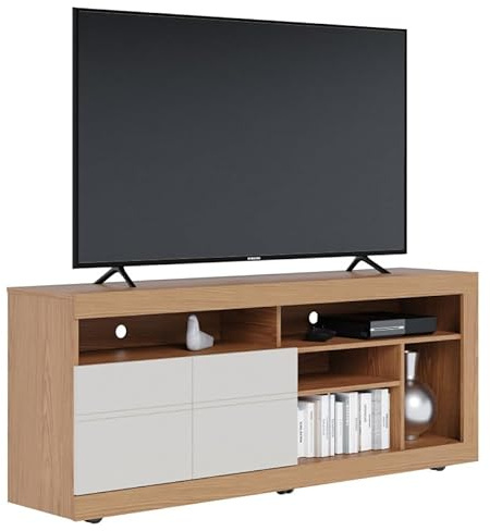 Meuble TV 65 Pouces Chêne et Blanc 2 Portes 6 Niches roulettes L 160 H 68 P 37.4 cm