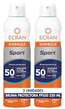 Ecran Sunnique Sport - Bruma Protectora Solar SFP 50, Protección Alta UVB, UVA, Frescor Instantáneo, Refuerza las Defensas, Muy Resistente al Agua, para Todo Tipo de Pieles- Pack 2 x 250 ml