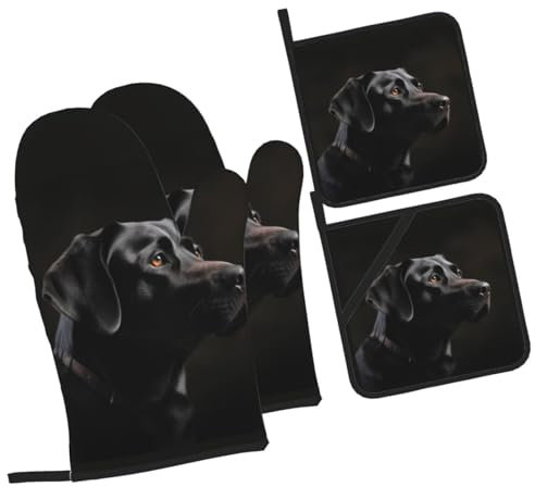 Mitaines De Cuisine Labrador Noir Antidérapant Kitchen Mittens Professionnel Maniques Cuisine pour Cuisson Femmes Grillade,4 Pièces