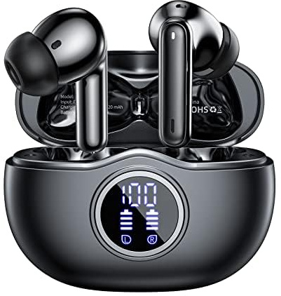 Cuffie Bluetooth, Auricolari Bluetooth 5.3 con Stereo HiFi, 50 Ore di Riproduzione LED Display Cuffiette con Microfono a Cancellazione di rumore con IP7 Impermeabili Auricolari per Sport, Nero