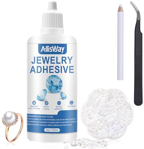 AllisWay Colla per Strass Su Tessuti, Colla per Gioielli, colla per Bigiotteria 100ml, Include Pinzette, Perle, Trasparente Dopo L'asciugatura, Resistente e Resistente