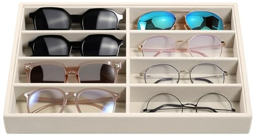 Emibele Boîte de Rangement Lunettes, Organisateur de Bijoux à 8 Fentes en Velours, Présentoir de Rangement Multifonctionnel pour Lunettes de Soleil Boucles d'Oreilles Bijoux Montre Bracelet, Beige