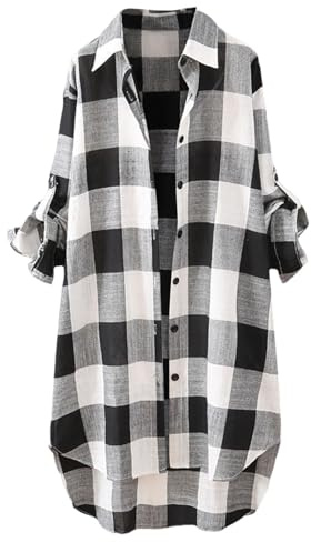 Leinenhemd Damen Kariertes Weiß Hemdbluse Knopfleiste 3/4 Ärmel Kurzarm Longbluse Mit Tasche Oktoberfest Bluse Karo Tunika Casual Musselin V-Ausschnitt Oberteile Hemd Leinenbluse Braun Orange