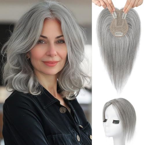 Flufymooz Echthaar-Topper für Frauen, 26 cm Real Human Hair Toppers for Women 100% Echthaar-Topper für dünner werdendes Haarteil 360° 3D Clip-in Pony-Haarteil mit natürlichem Look-Hellgrau