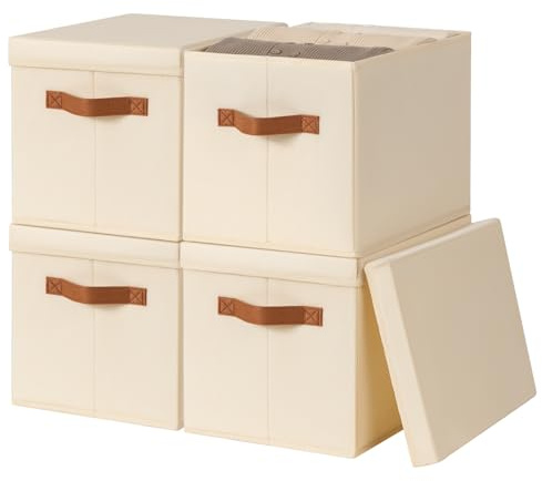 Fabric Storage Boxes with Lids - 4 Pack Dustproof Wardrobe Organiser Beige | Stackable Baskets Bins with Handles, Foldable Spaces-saving Containers for Clothes, Handbags, Towels, Books, Toy, Sheet, Tool