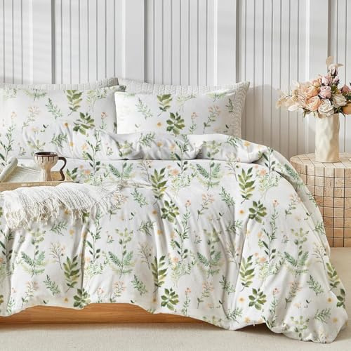 Soifox Velvet Warm Floral Duvet Cover With Pillowcases Reversible Green Bedding Double Bed Set, Non Iron Soft Luxury Quilt Duvet Cover with Zipper Closure, 200x200
