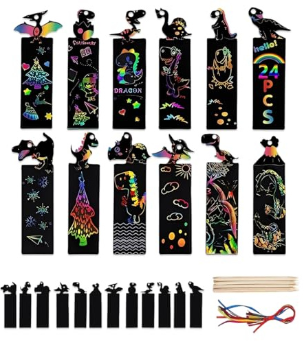 OUDQFCJ 24 Marque-pages Colorés pour Enfants, Kit de Loisirs Créatifs, Décoration Suspendue, Papier à Gratter avec Bâtonnets en Bois en Forme de Gratte-ciel (Dinosaures)