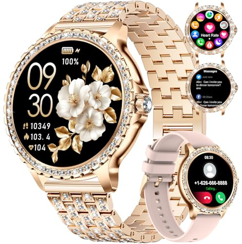 LIGE Women's Smart Watch Bluetooth Phone Calls for Android iOS 100+ Sport Fitness Tracker 1.32 HD Elegant Diamond Female Smartwatch Round Dial,Heart Rate Sleep Monitor,2 Watch Straps,Apricot