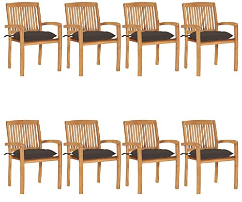 Mokuyary Stapelbara trädgårdsstolar med kuddar, set om 8, massivt trä, teak, balkongstol, terrassstolar, matstolar för terrass, trädgård, balkong – E