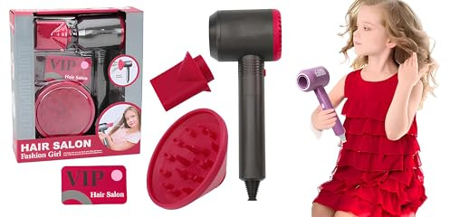 Secador de pelo de juguete para niños a batería, secador de pelo funcional con sonidos y aire reales con accesorios difusor y boquilla, juego de peluquería para niña, niño, salón de belleza