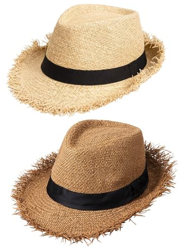 OhebEsx Strohhut 2er Set, Atmungsaktiv Panama Hut Sonnenhut mit Verstellbarem Kordelzug, UV-Schutz, Beige und Camel, für Strand Urlaub Garten