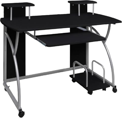 FWIKDUN Tavolo per computer nero, 110 x 52 x 88,5 cm, in legno con ruote, tavolo da gioco con 2 ripiani e ampia superficie di lavoro, scrivania con ripiano estraibile