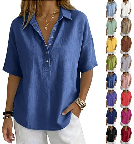 Tunique Femme Grande Taille Chemisier Coton Chic et Élégant Col V Boutonné Demi-Manches Couleur Unie Ample Fluide Vetement Ete Quotidien Bureau Basique Blouse Chemise Longue Haut Bleu Marine 3XL