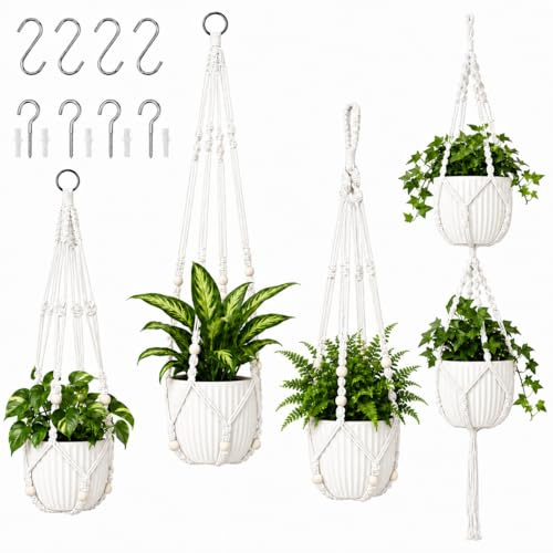 LMSAWK 4 Pièces Macramé Suspension Plante, Panier Suspendu en Macramé, Macramé Plante Suspension Tissés à La Main, avec Crochets Métalliques, pour la Décoration Intérieure, Plafond et Mur