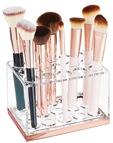 mDesign Porte-pinceaux de maquillage – Organiseur cosmétique pour coiffeuse et comptoir – Rangement de maquillage avec 15 compartiments pour pinceaux de maquillage et de poudre – Transparent/or rose