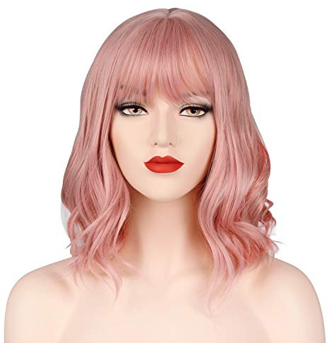 OKVGO Kurze, lockige Bob-Perücke mit Perückenkappe für Damen, für Cosplay, Party und Alltag, Pink