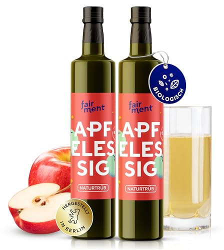 fairment Apfelessig 1 Liter - bio, naturtrüb, mit der Essig-Mutter, unpasteurisiert, lebendig und ungefiltert - Apple Cider Vinegar aus deutscher Produktion (2x 500 ml = 1 l (2er Pack))